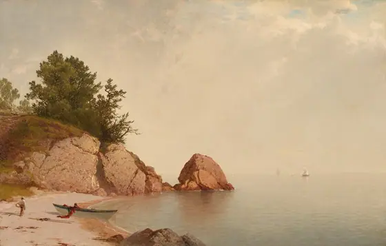 A pink-toned sandy beach meets a placid body of pale blue water under a hazy sky in this horizontal landscape painting.