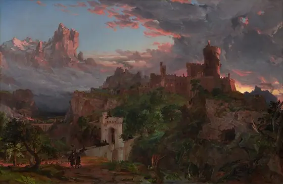 A turreted, sprawling stone castle, bronzed by the setting sun, crowns a rocky cliff at the center of this horizontal landscape painting. A round turret rises in the center of the castle’s jumble of blocky, square buildings.