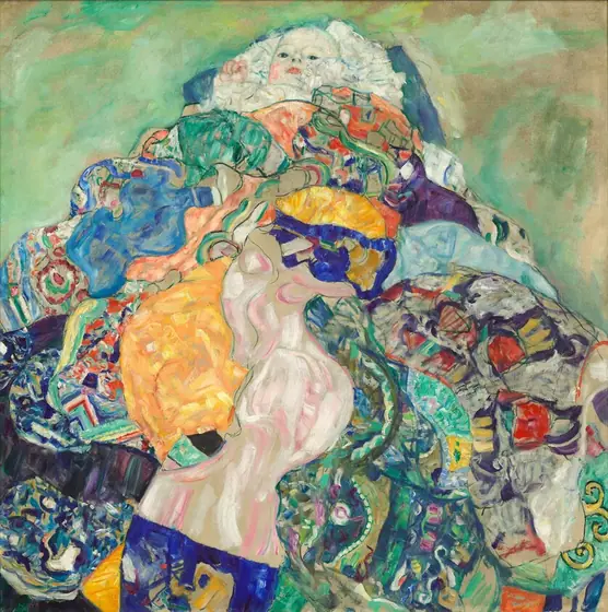 A baby nestles in a mass of frilly white fabric atop a colorful patchwork, perhaps a pile of quilts, against a sage and spring-green background in this square painting.