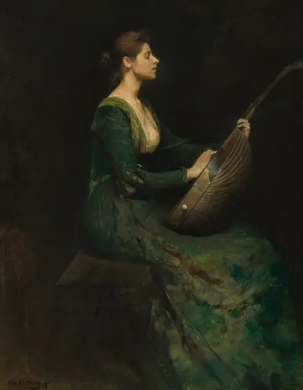 A woman sits facing our right in profile, looking through downcast eyes at a lute she holds upright in her lap in this vertical painting. She has smooth, pale skin, and her tawny-brown hair is pulled gathered at the back of her neck.