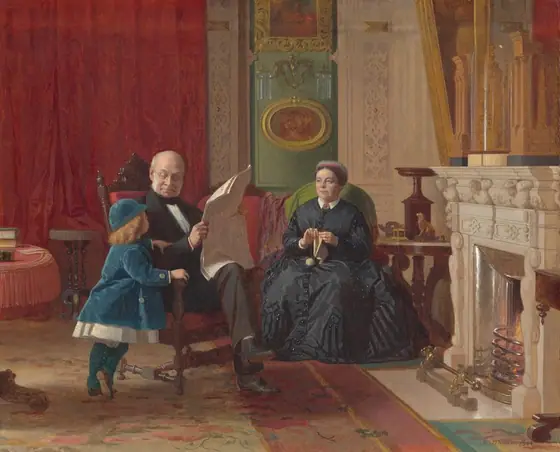 This painting depicts three individuals in a room. An elderly man is seated on a wooden chair, reading a newspaper, with a child standing beside him. The man has balding gray hair, round spectacles, and is dressed in a black suit.