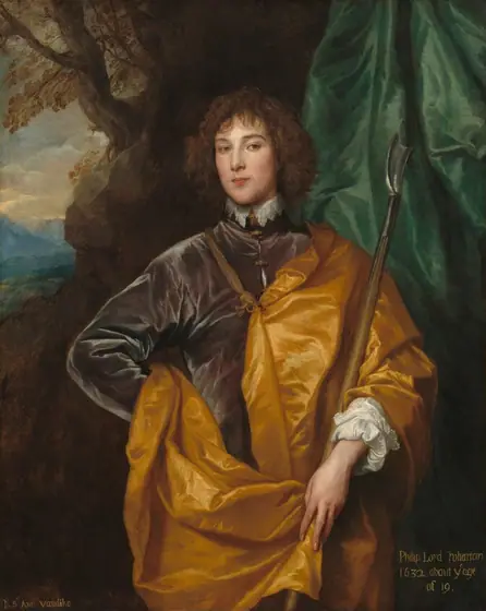 Shown from about the hips up, a young, pale-skinned man with curly brown hair stands facing and looking at us, wearing a plum-purple coat under a golden yellow cape in this vertical portrait painting.