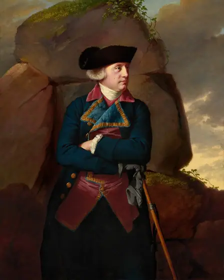 The painting depicts a man shown from the knees up, standing with his arms crossed over his chest and his head turned to the right. He has light skin, ruddy cheeks with a brown mole, a long nose, and small red lips in a neutral expression.