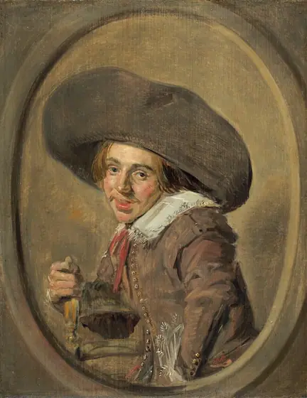 Shown from the waist up, a smiling, light-skinned young man wears a voluminous, dark hat and a brown suit in this vertical portrait painting.