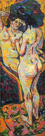 This tall, vertical painting shows two nude women next to each other, one standing and one sitting. The women both have light skin painted in shades of cream and pale yellow, with highlights of seafoam green, dark blue, and magenta.