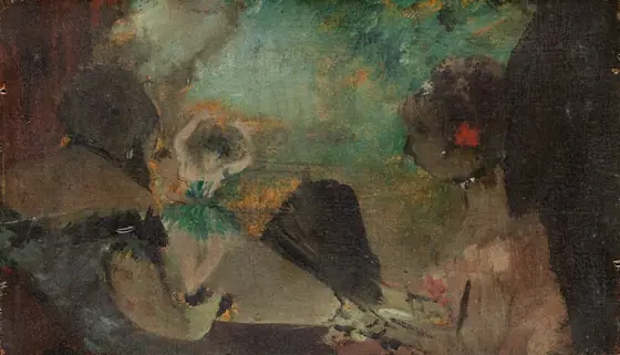 Upon first glance, the shapes and colors in this painting are hard to distinguish. After closer inspection, three women become visible, all with pale skin, light hair, and indistinct facial features.