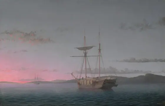 Near the center of the painting, a masted wooden ship floats against a vibrant sunset that fades from lilac purple to carnation pink along the horizon line, which comes about a quarter of the way up this horizontal landscape.
