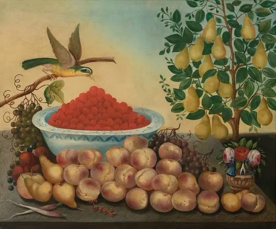 This painting shows a bowl of red raspberries resting on a surface. The bowl is pale blue with blue details on the rim, and it is surrounded by a pile of pale peaches and pears, red plums, and green and purple grapes.