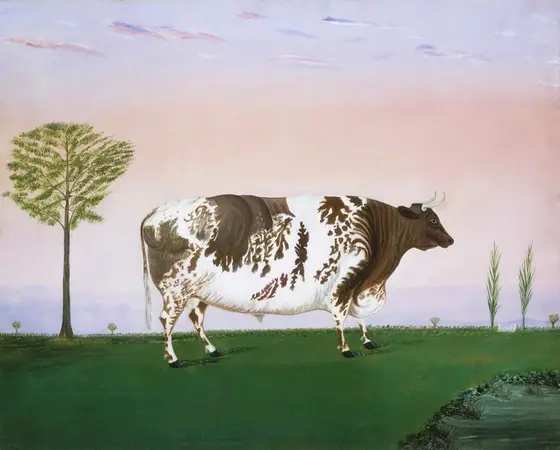 This painting depicts a large bull standing in a grassy plain. The bull is seen from the side, facing the right. Its head is a rich brown color, while its body and legs are swirled with patches of white and brown.