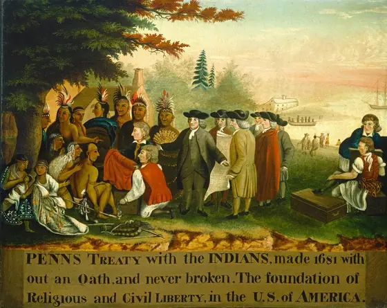 Eight pale-skinned men and thirteen brown-skinned, indigenous Lenape men, women, and a baby gather on a grassy field close to us in this horizontal painting. The white men are cleanshaven and have puffy gray, shoulder-length hair.