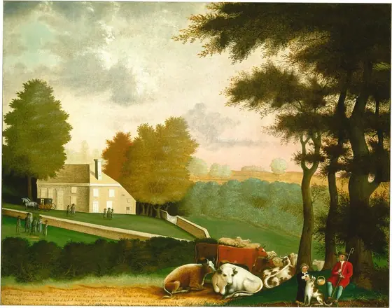 This painting shows a pastoral setting with a large white-and-gray house on a hill to the left. Distant people stand in front of the house, along with a horse-drawn wagon.