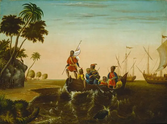 The painting features a scene showing men in a boat landing on a shore. The horizon is low, with larger sailing ships seen in the distance on the right, floating on the dark green water.