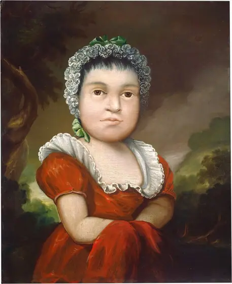 A pale-skinned child wearing a short-sleeved red dress and a white bonnet stands before a shadowy green forest under dark clouds in this vertical portrait painting. The child’s over-large head is out of scale with the rest of her body.