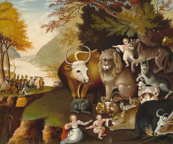 Three small children with pale pink skin sit and stand among a group of animals to our right as a group of eight indigenous people with light brown skin gather with eight white-skinned men near a riverbank in the distance to our left in…