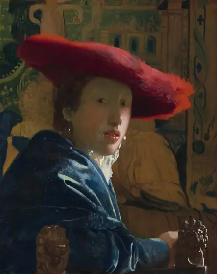 Shown from the elbows up, a young person with pale skin and brown hair wearing a wide, scarlet-red hat sits in front of a tapestry in this vertical portrait painting.