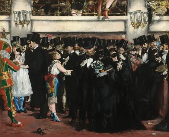 A densely packed crowd of men and women, all of them with pale skin and most of them wearing black, stand in a theater lobby beneath a mezzanine level that runs close to the top edge of the composition in this horizontal painting.
