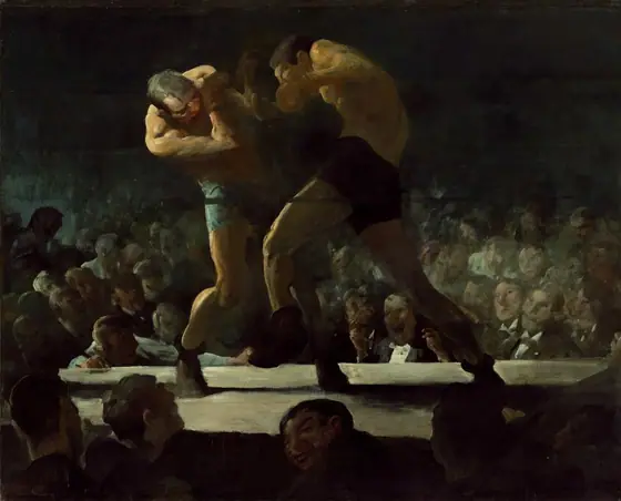 Two men wearing brief-like shorts, shoes, and boxing gloves curl toward each other as they grapple in the middle of a boxing ring in this horizontal painting. We look at the ring from across the heads of the crowd below and around us.