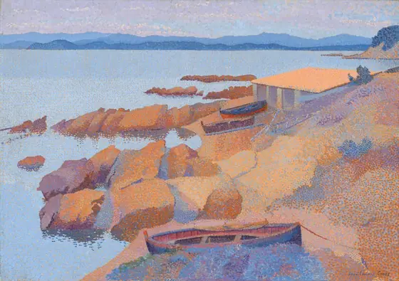 The painting depicts a coastal scene. A rocky shore in warm tones of orange, brown, red, and purple is closest to us, with two boats and a simple structure visible near the center of the painting.