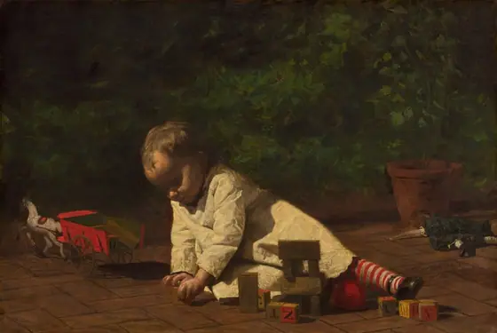 On the brick pavement of a sunny veranda, a young toddler leans heavily on her right arm, to our left, as she reaches for a wooden block in this horizontal painting.