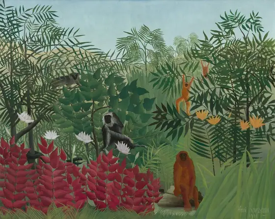 Five monkeys rest and play amid a lush jungle landscape in this horizontal landscape painting. Painted with areas of flat color, thick vegetation fills most of the scene, with giant leaves overlapping in shades of green.