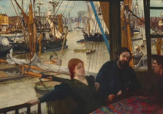 We look slightly down at a woman with pale skin and two men with ruddy complexions sitting at a table near a railing overlooking a boat-clogged waterway in this horizontal painting.