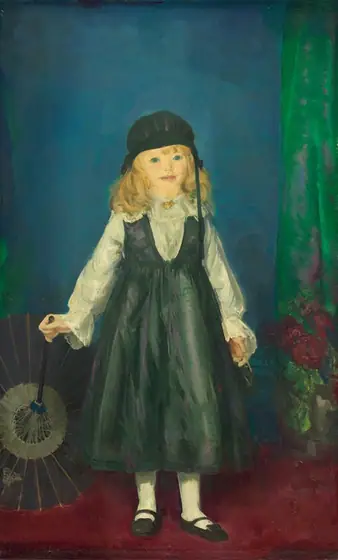 This painting shows a young girl standing and facing forward. She is holding an open, dark-colored parasol with one hand and a small, indistinct object with the other hand.