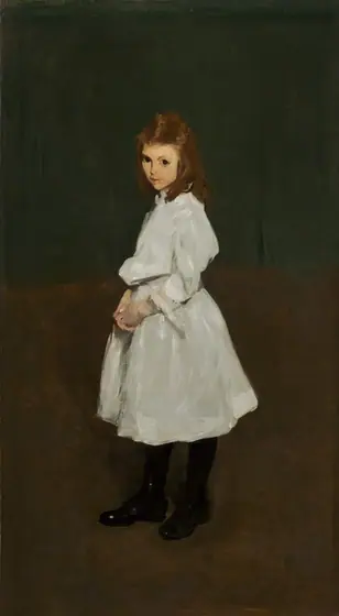 A young, pale-skinned girl wearing a white dress stands against a darkened background in this vertical portrait painting. Her body faces our left in profile, and she clasps her hands in front of her pelvis.