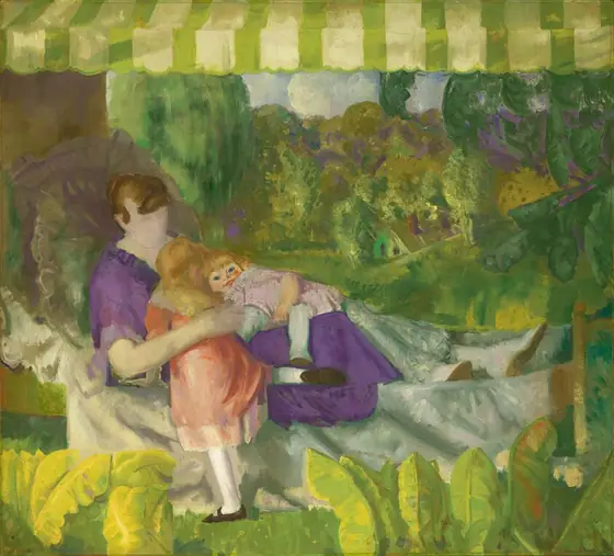 This painting shows an adult woman and two children on a white lounge chair. The adult is sitting on the chair with her legs extended, supporting one of the children who is lying across her lap.