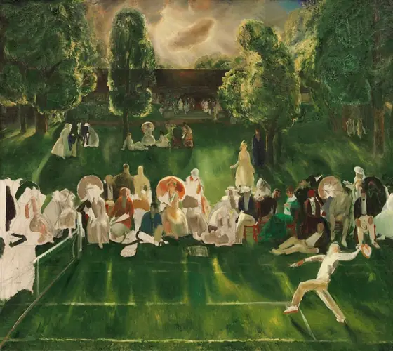 This painting shows a dynamic scene of a green tennis court with a player in action near the bottom-right corner, their hand extended behind their head and one leg in the air.
