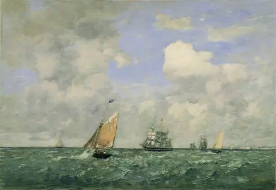 This is a painting depicting several ships on a stretch of water. The horizon is situated in the lower third of the painting, creating a vast expanse of sky above.