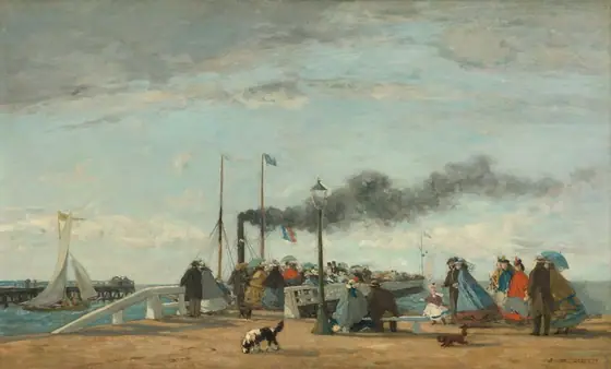 A dozen men, women, and children walk, stand, or sit on a waterside wharf that spans this horizontal painting. A jetty stretches into the distance at a right angle, starting to the left of center. Dozens more people pack the jetty.
