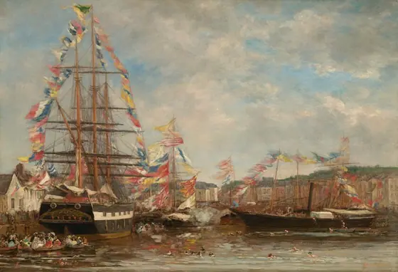 This horizontal painting shows a harbor scene filled with tall-masted ships and steamships adorned with colorful flags. The masts of the ship to our left dominate the composition, reaching almost to the top edge of the painting.
