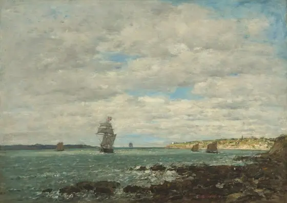 The painting depicts a seascape. The horizon is visible in the bottom third of the composition, with several ships floating on the water, including a large sailing ship to the left of center.