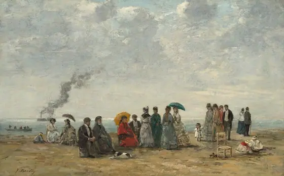 Twenty men, women, and children sit, stand, or stroll along a sandy beach beneath a bright, cloud-filled sky in this horizontal landscape painting.