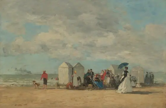 The painting shows a beach scene with several people gathered on the shore. The people are gathered between four white tent-like structures in the center of the painting.