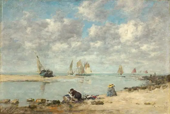 The painting features a sandy shore and a calm sea with sailing boats in the distance. At the bottom of the painting, people sit on the sand by the water.