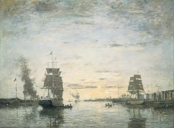 The painting depicts a harbor scene with several large ships and smaller boats on a wide waterway. To the left and right of center, two large ships are visible, each with multiple tall masts and several sails.
