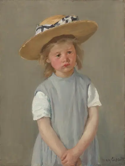 Shown from the waist up, a young girl wearing a slate-gray dress and straw hat stands with her hands clasped in front of her in this vertical portrait painting. The girl has light, peachy skin, and her cheeks are lightly flushed.
