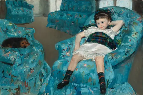A small brown dog and a pale-skinned little girl wearing a white dress sit in matching celestial-blue armchairs in this horizontal painting. To our right, the girl sits with her legs angled to our left.