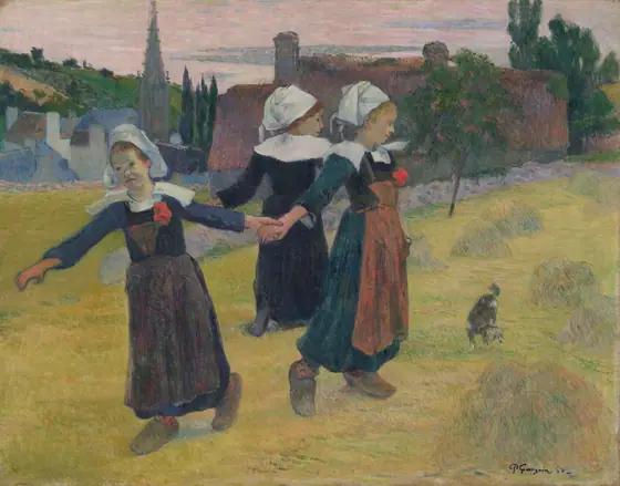 Three light-skinned girls hold hands to create a loose ring with their arms extended, in a grassy field in this horizontal painting. All three girls wear white headdresses, ankle-length, long-sleeved dresses, and clogs.