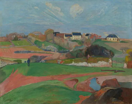 We look across rolling, bright green pastures and honey-brown farmland to a cluster of buildings nestled beyond a copse of trees, along the horizon in this horizontal, stylized landscape painting.