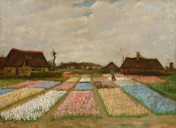 Rectangular plots of flowers, each in a single color, stretch toward us below a sky nearly filled with cream-white clouds in this horizontal landscape painting.