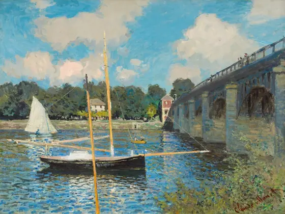 Two sailboats and a rowboat float on a glistening, azure-blue river spanned by a stone bridge to our right in this horizontal landscape painting.