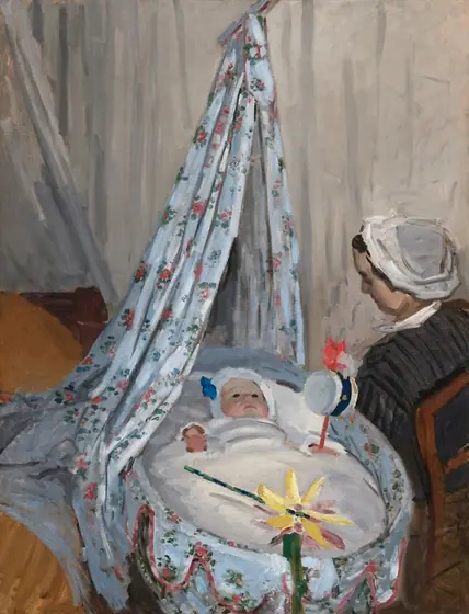 We look slightly down onto a baby tucked into an oval-shaped cradle with a woman sitting on the far side looking down at the child in this vertical painting. Both the woman and baby have light skin.