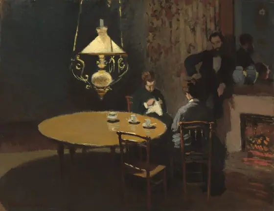 In a darkened room, two women sit at a round table near a man who stands leaning against a fireplace mantle, all illuminated only by a soft, yellow light from a ceiling lamp hanging over the table in this nearly square painting.