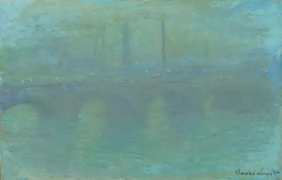 An arched bridge faintly materializes in a haze of soft turquoise blue and mint green in this horizontal landscape painting. The bridge has four arches under a flat deck, and it extends off each side of the canvas.