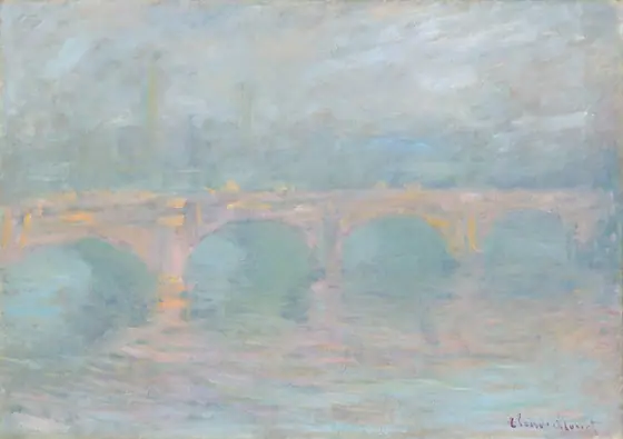 We look across a river at a bridge that spans the center of this horizontal landscape, which is painted entirely with broad, visible brushstrokes in pastel colors.