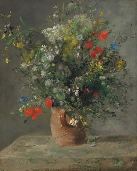 A loose arrangement of colorful wildflowers bursting out of a red clay jug sits near the back left corner of a tabletop and fills the top two-thirds of this vertical still life painting.