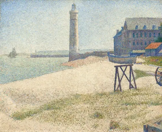 Painted entirely with small dots of pure color mostly in slate and azure blue, olive green, and cream white, this scene shows a sandy beach stretching to a lighthouse at the center and a four-story building to our right in this horizontal…