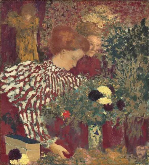 Two pale-skinned women are shown from the waist up behind a counter in an interior space in this nearly square painting.